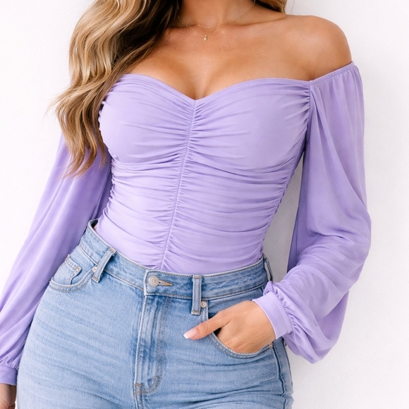 Fashion Nova Tops - Off-Shoulder Ruched Long Sleeve Top in Lilac